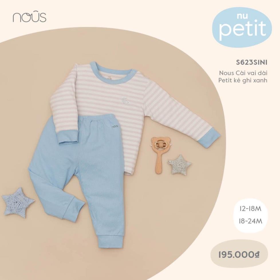 Bộ Quần Áo Cài Vai Dài Chất Liệu Petit Kẻ Ghi Xanh Cao Cấp Nous Kháng Khuẩn Mềm Nhẹ (Size từ 12-24M)
