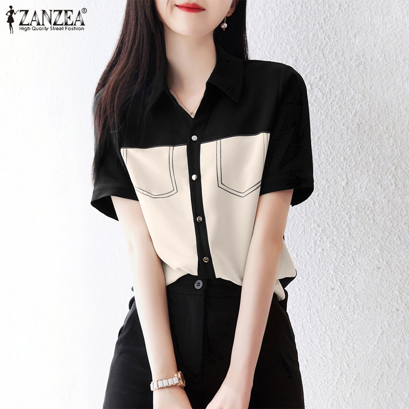 Áo kiểu ZANZEA tay ngắn cổ bẻ phối màu tương phản thời trang cho nữ