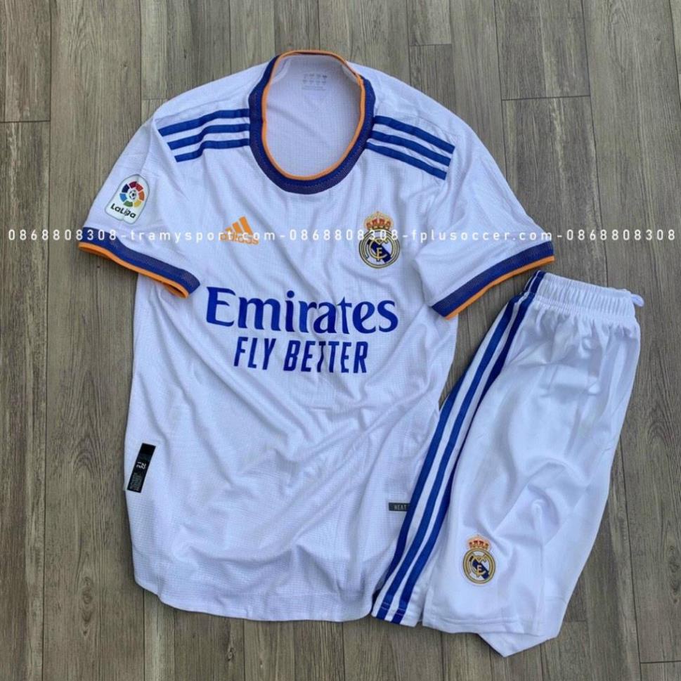 Sẵn Logo Adidas - Bộ Quần Áo Đá Bóng CLB đá banh Real Madrid Quần Trắng 3 Sọc Xanh Biển 2022 Hàng Thái * 💋