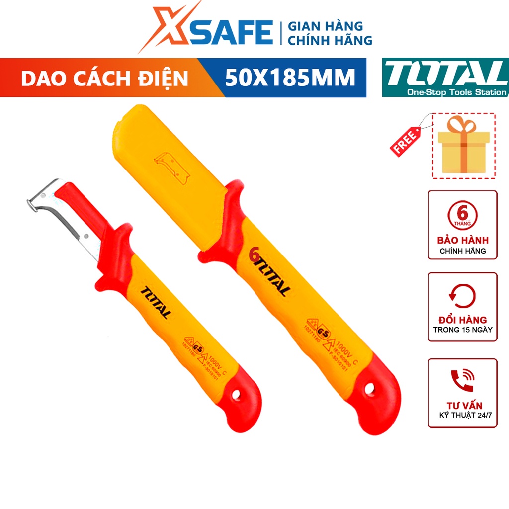 Dao tước dây lưỡi cong cách điện 1000V TOTAL THIDCK1851, kích thước 50x185mm, lưỡi dao chất liệu thép không gỉ - XSAFE