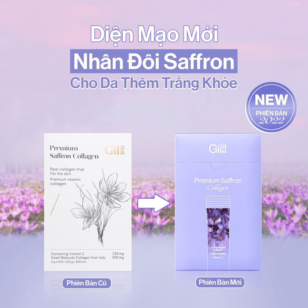 [TẶNG SERUM GILAA] Bột Collagen Cao Cấp Kết Hợp Saffron Mẫu Mới 2022 (60 gói)