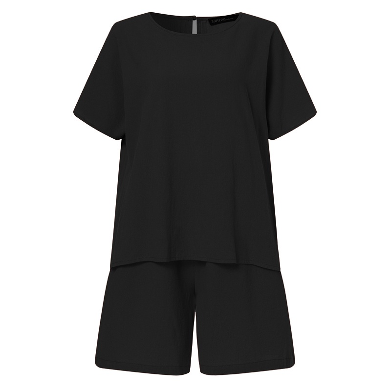 Bộ quần áo ZANZEA vải cotton dáng rộng cổ áo tròn màu trơn quần short ống rộng lưng co giãn  thời trang cho nữ
