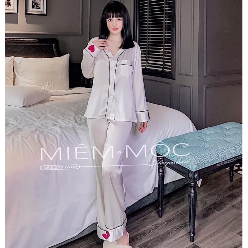 Đồ Bộ Mặc Nhà Pijama Nữ Dài Tay Cổ Bèo Dễ Thương - Đồ Ngủ Lụa Quảng Châu Cao Cấp