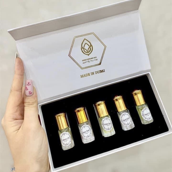 Sét Tinh dầu nước hoa Dubai thiết kế mini 3ml hộp 5 mùi hàng chính hãng