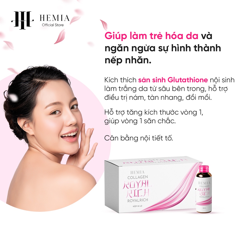 Collagen nước Hemia nước uống trắng da tăng cường nội tiết tố nữ trẻ hoá da hộp 10 lọ 30ml