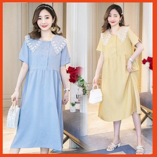 Đầm, Váy Bầu Công Sở Azuno AZ105 Có Cổ, Ngẵn Tay, Dáng Suông, Dài Qua Gối Có Thể Mặc Đi Tiệc, Chất Vải Thô Đũi Mềm Mát