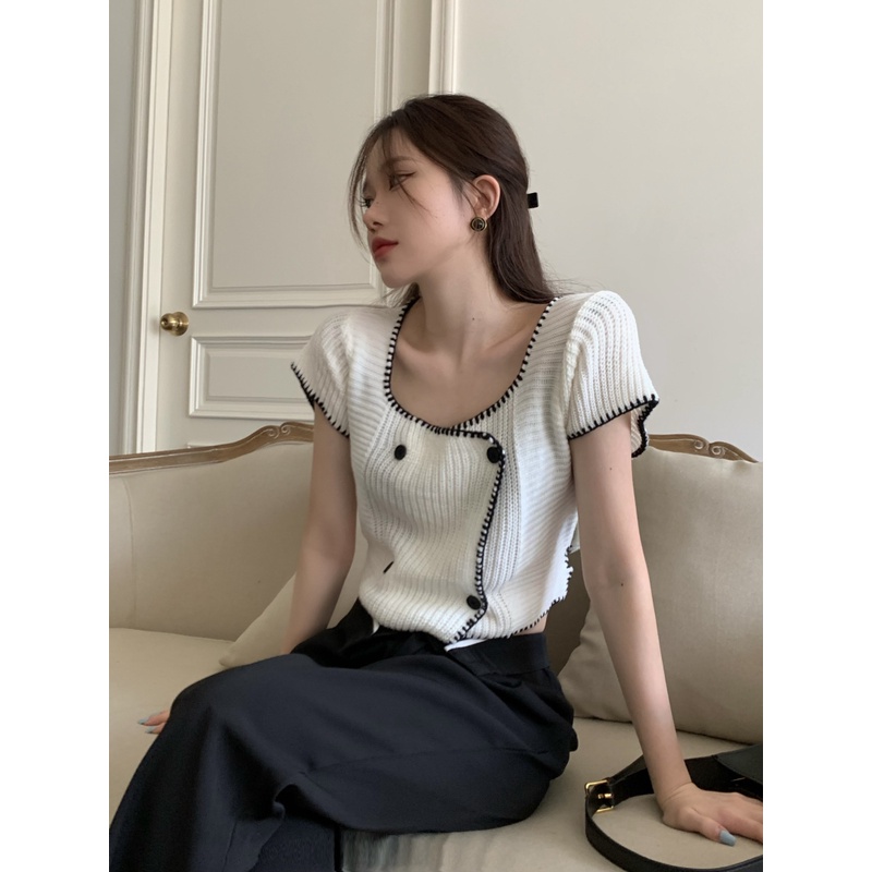 Porozi  Áo kiểu  dệt kim tay ngắn ôm dáng vừa vặn phong cách Hàn Quốc thời trang dành cho nữ