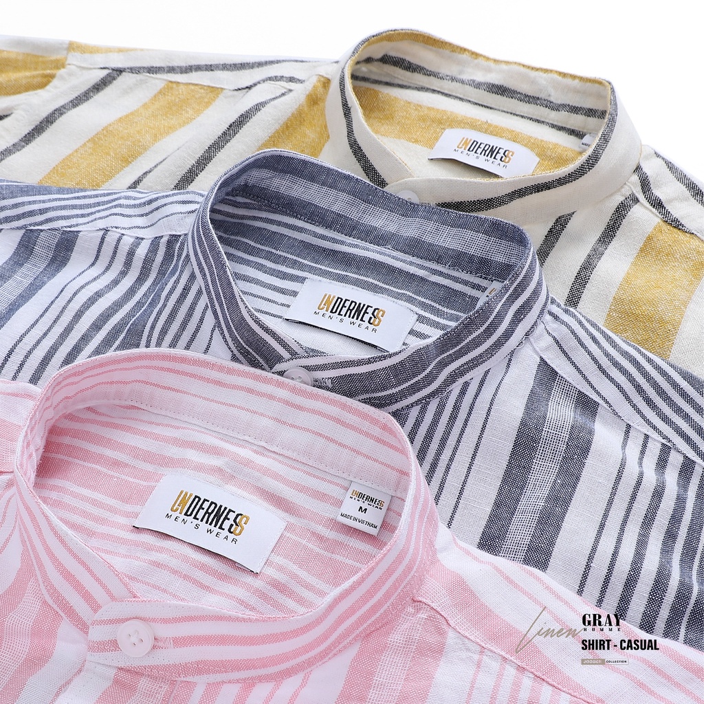Áo Sơ Mi Nam Dài Tay Cổ Tàu (6 màu) GRAYHOMME linen kẻ sọc cá tính chất vải đũi thoáng mát - TB122
