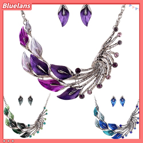 Bộ dây chuyền khuyên tai thiết kế đuôi công đính đá thanh lịch sang trọng quý phái dành cho nữ