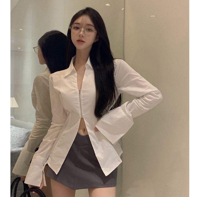 QKOOLE Áo sơ mi  tay dài cổ chữ V phối khóa kéo thời trang Hàn Quốc cho nữ