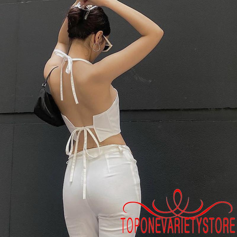 Áo Croptop Hai Dây Hở Lưng Màu Trơn Thời Trang Mùa Hè Cho Nữ