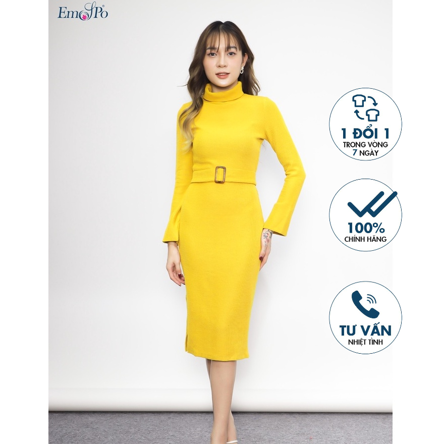 Đầm len cổ lọ Emspo ,sẻ ống tay và gấu váy đai eo rời DLL0006