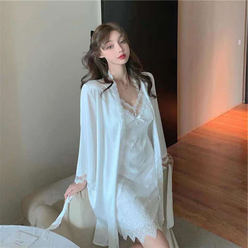SX771- set váy ngủ lụa mịn kèm choàng-đầm ngủ lụa phối ren cao cấp -KellyWang