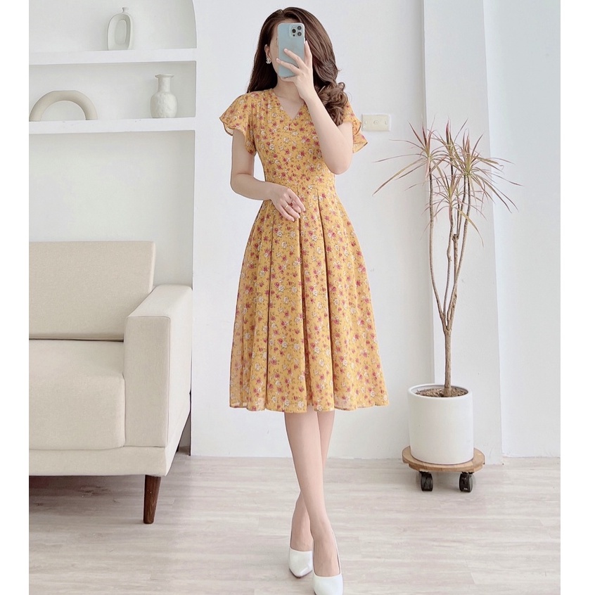 Váy hoa nhí cổ V chất voan 2 lớp xếp ly thân ZYM'S HÓUSE K1343, K1344, K1345, K1346