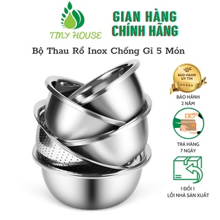 Bộ Thau Rổ Inox Chống Gỉ 5 Món Đựng Rau Củ Quả Đa Năng Size 16-26cm