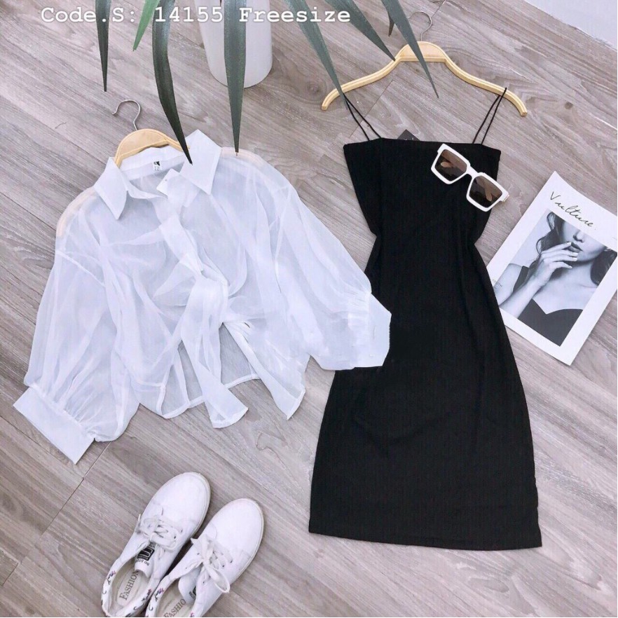 Set đồ nữ hot trend áo sơ mi voan và đầm body 2 dây cá tính, phù hợp với mọi lứa tuổi