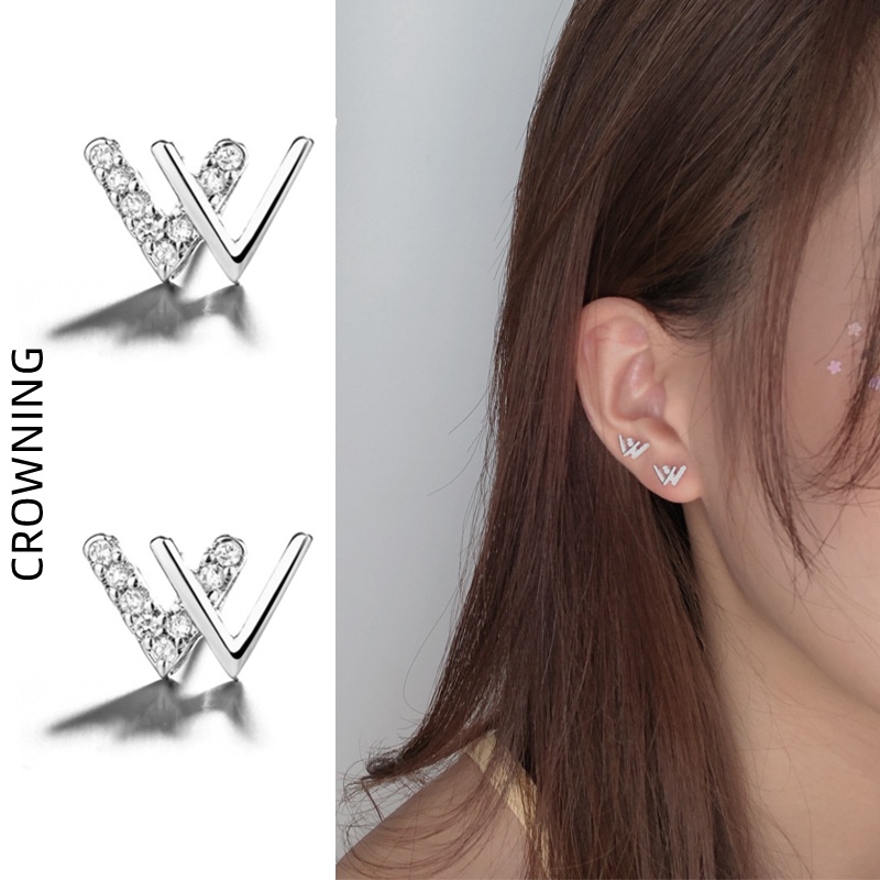 Khuyên Tai Đính Đá Kiểu Chữ V Đôi Thời Trang Dành Cho Nữ F804