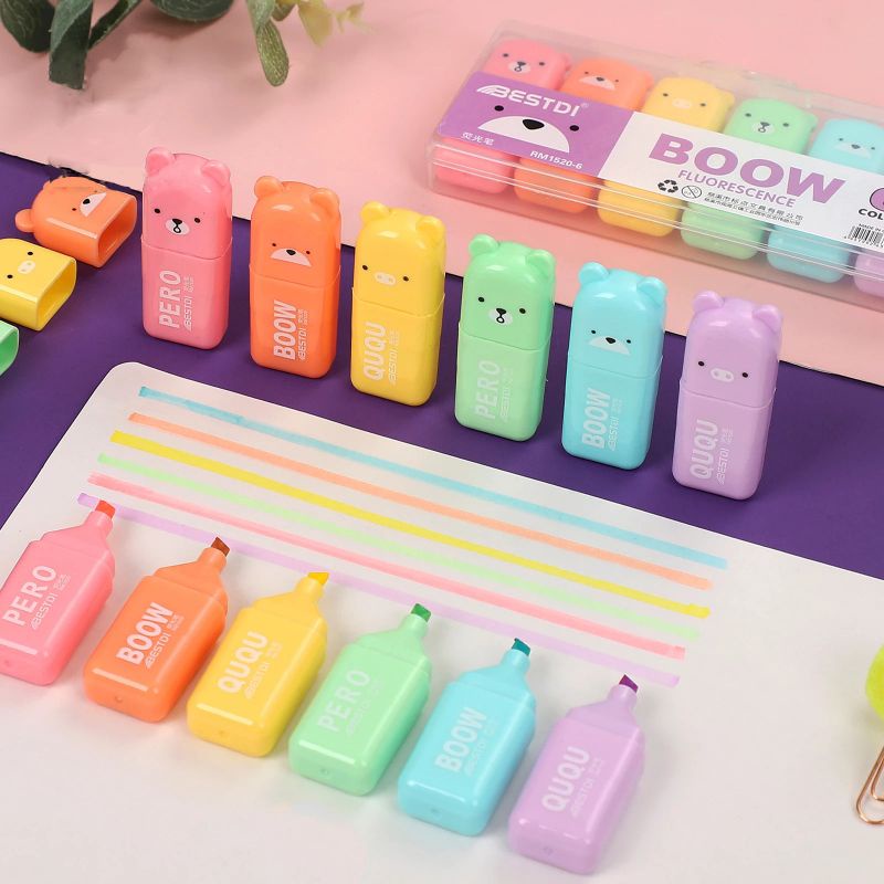 Bộ 4/5/6 bút highlight màu macaron hình gấu xinh xắn đầu mềm màu kẹo sáng tạo dùng làm thiệp/ảnh DIY