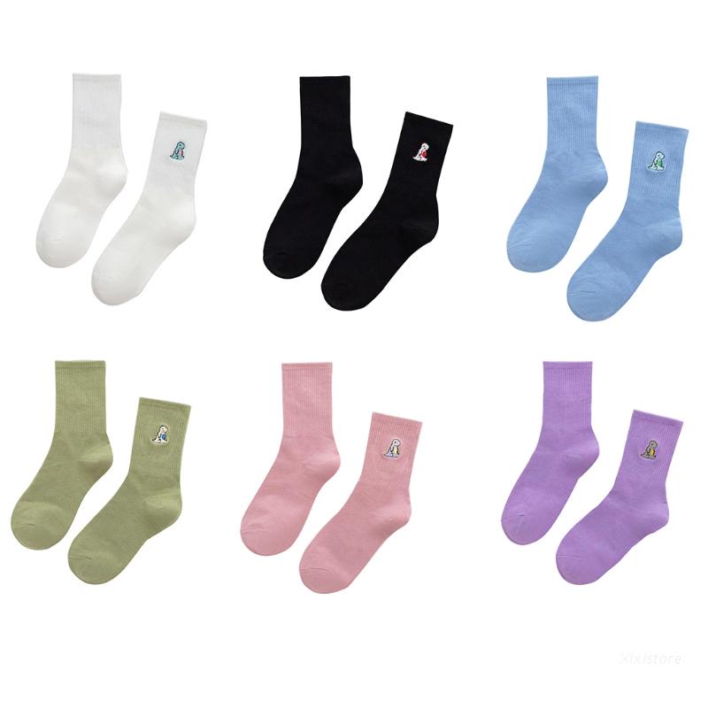 XIXI Vớ cotton cổ cao màu trơn thêu hình khủng long dễ thương phong cách Harajuku Nhật Bản cho nữ