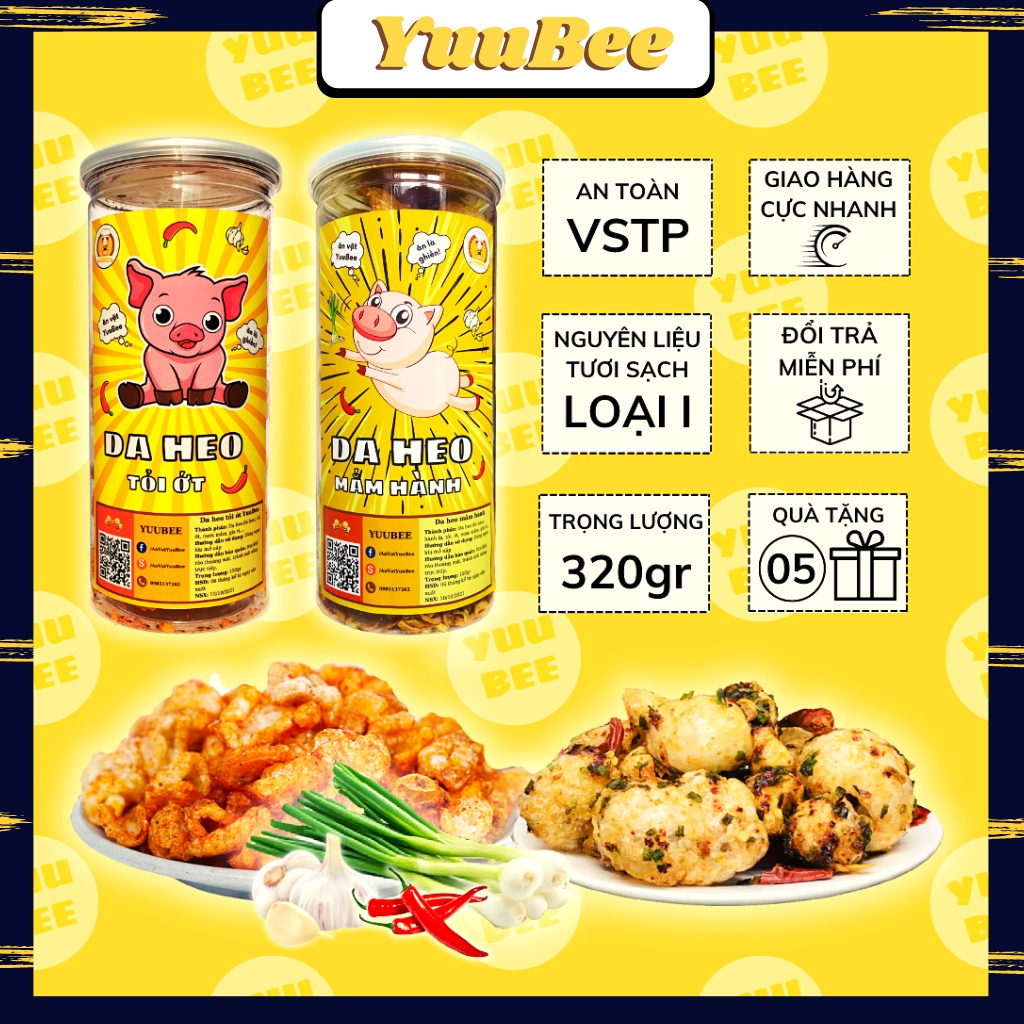 Combo Da heo chiên giòn cháy tỏi ớt, Da heo mắm hành YUUBEE 320g - Đồ ăn vặt đóng hộp giá rẻ - Ăn vặt YuuBee