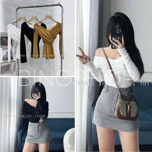 Bingshop Áo kiểu nữ body cổ V đắp chéo dài tay vải thun giấy co giãn form ôm dáng