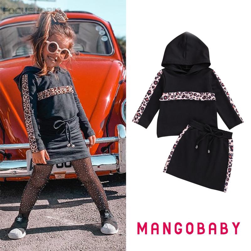 Bộ Áo Hoodie Tay Dài In Họa Tiết Da Báo + Chân Váy Ngắn Phối Dây Rút Thời Trang Cho Bé Gái