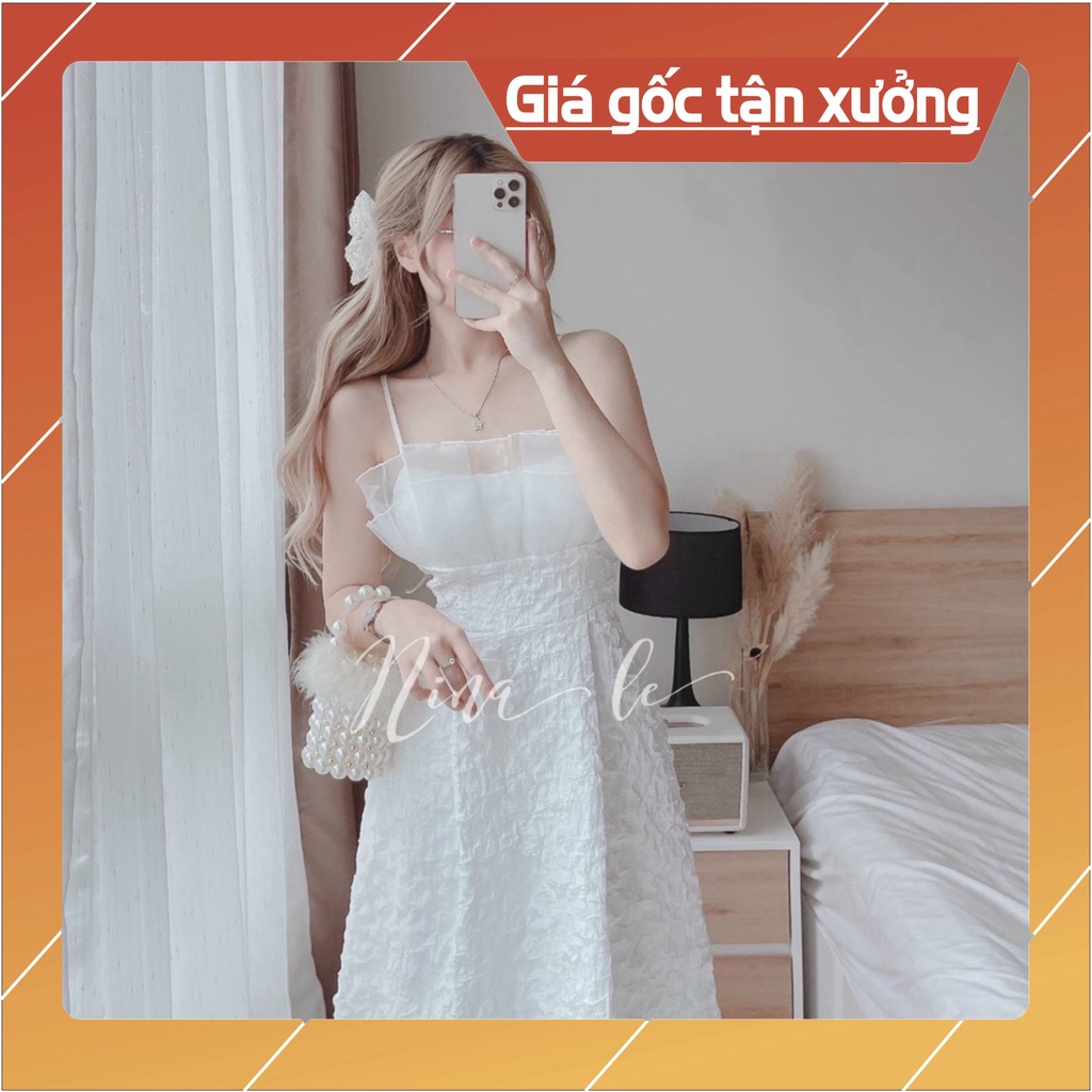 Váy Trắng Thiết Kế Hai Dây Xốp Vân Nổi Prince Dress- Đầm Gấm Hoa Nổi 2s Trắng Xếp Ly Ngực Phối Voan_123