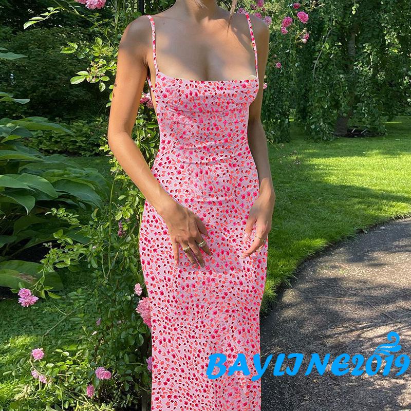 Đầm Dài Hai Dây Dáng Ôm In Hoa Hở Lưng Thời Trang Cho Nữ