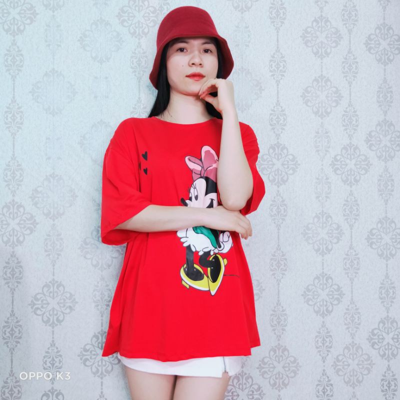 Áo phông nữ  phom rộng tay lỡ hình Chuột Mickey, áo thun nữ chất cotton