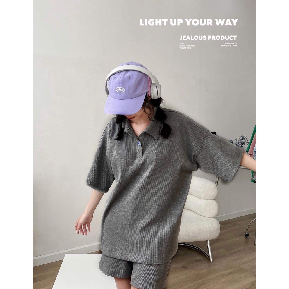 Set Áo Polo Quần Đùi Xám Đậm Cổ Bẻ Tay Lỡ Cổ Bẻ Cài Cúc Unisex Phong Cách Hàn Quốc Ulzzang PHULA