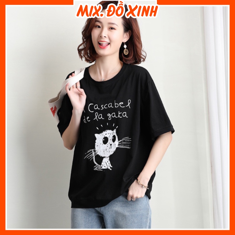Áo phông unisex Thu Hà áo thun form rộng tay lỡ, chất thun cotton co giãn in hình Mèo Chữ De La Ga Ta