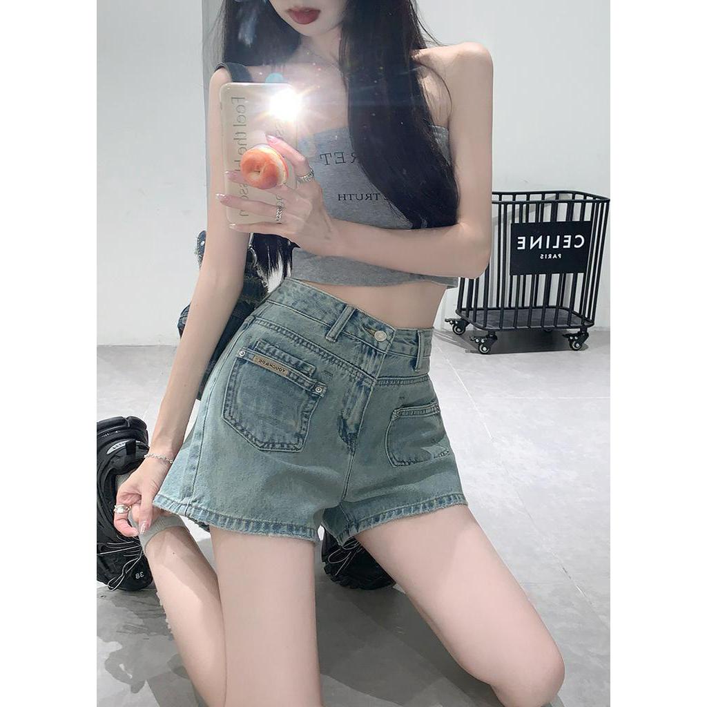 Quần Short Denim Ống Rộng Lưng Cao Phối Hai Túi Phong Cách Hàn Quốc Thời Trang Mùa Hè Hàng Mới 63921