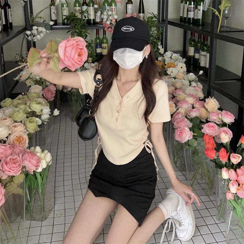 IELGY Áo Thun Tay Ngắn Cổ Chữ v Phối Dây Rút Thời Trang Cho Nữ