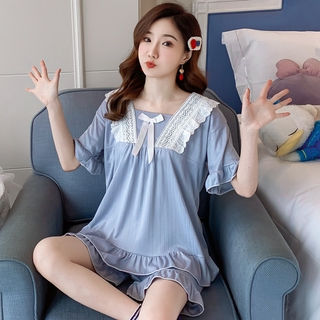 Bộ đồ ngủ bằng cotton tay ngắn kẻ sọc phối ren đáng yêu cho nữ