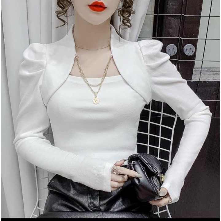 Áo cổ trụ vai phồng chất vải thun Gân co giãn 4 chiều tặng kèm dây phối áo hàng y hình có ảnh thật ( size 40-53kg )