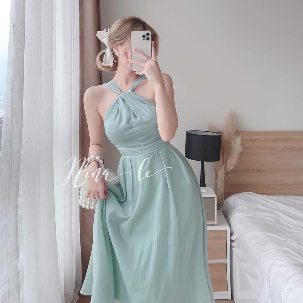 Váy đầm nữ midi dáng xòe cổ yếm hở vai thiết kế trẻ trung nhẹ nhàng cho nữ | BigBuy360 - bigbuy360.vn