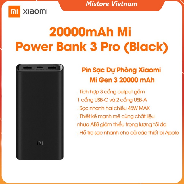 Pin sạc dự phòng Xiaomi Mi PowerBank 3 Pro 20000mAh hỗ trợ sạc laptop 45w cổng TypeC