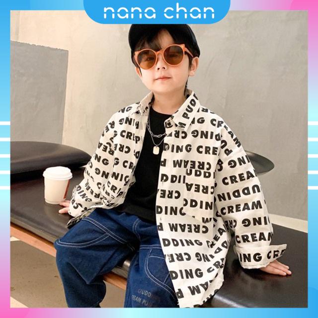 AB376 - Áo khoác dáng sơ mi in chữ sz 100-150, sơ mi học sinh thời trang cho bé thu đông 2022