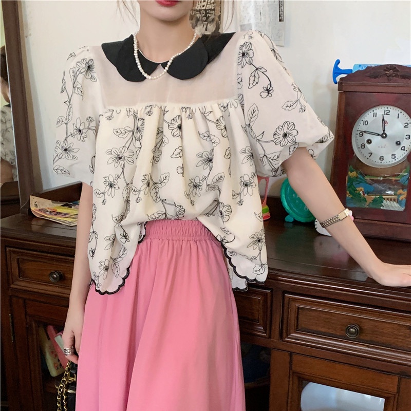 Áo Sơ Mi Tay Ngắn Chất Chiffon Hoạ Tiết Hoa Thiết Kế Dáng Rộng Che Khuyết Điểm