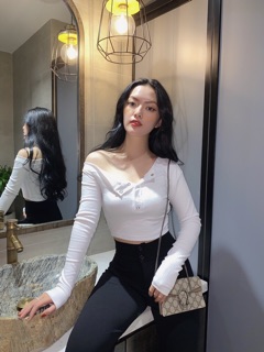 BUTTON CROPTOP▪️[𝐂𝐇𝐎𝐂𝐎𝐋𝐀𝐓𝐄 𝐦𝐢𝐱𝐱] Áo nút bấm lệch vai