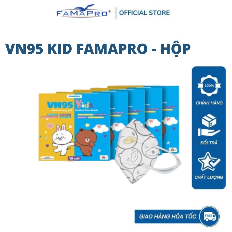 [COMBO 5 hộp] VN95 Kids Trẻ em từ 4-8 tuổi Khẩu trang y tế kháng khuẩn 4 lớp 10 cái/ hộp