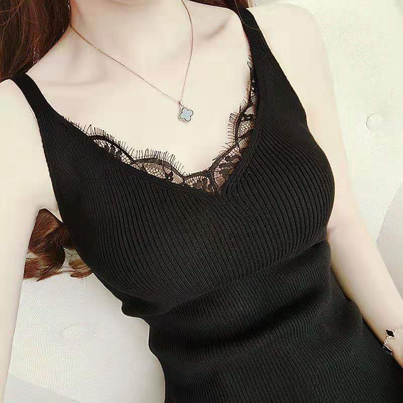 Áo Hai Dây Dệt Kim Plus Size Dáng Ôm Phối Ren Gợi Cảm Cho Nữ | BigBuy360 - bigbuy360.vn