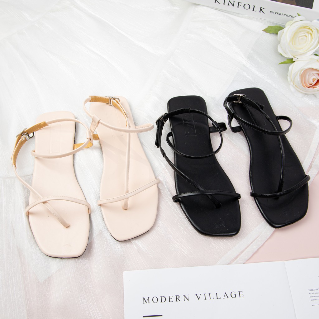 Giày Sandal Nữ MWC Đế Bệt Quai Mảnh Xỏ Ngón Nữ Tính Màu Kem Đen NUSD- 2763