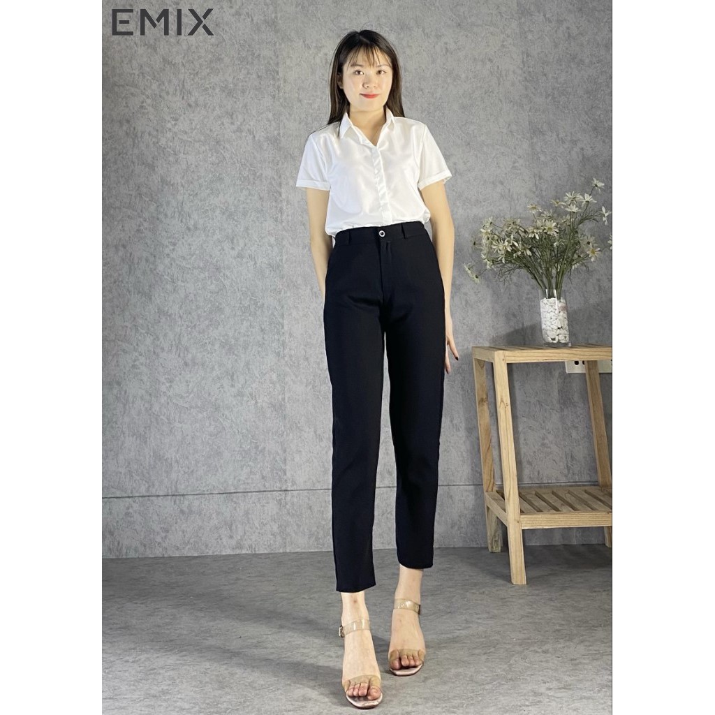 [Mã FAMALLT5 giảm 15% đơn 150k] Mix quần baggy lưng chun đen và áo sơ mi cộc tay trắng EMIX