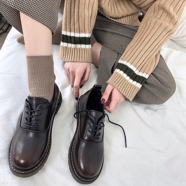 Giày Classic kiểu Anh sinh viên nữ yêu thích vintage cổ điện kiểu Nhật đế bằng