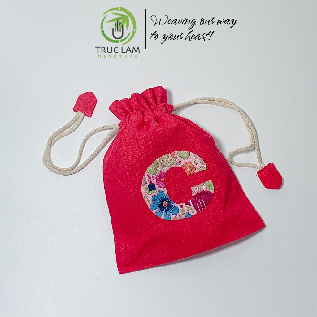 Túi Dây Rút Thêu Tay Họa Tiết Chữ Cái C Phối Hoa Văn Nhiều Màu Sắc - Trúc Lâm Handmade