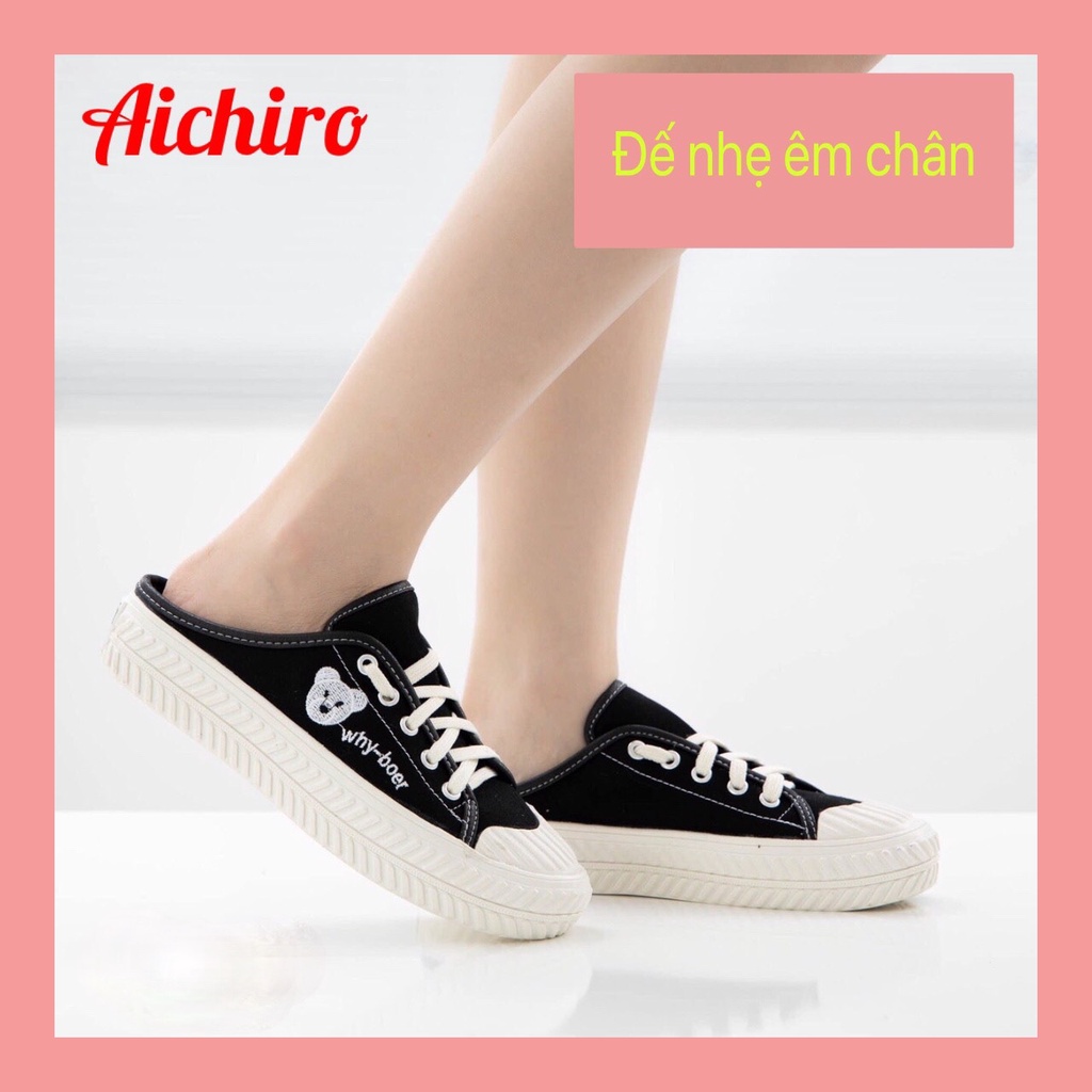 Giày sục thể thao hình gấu thêu nổi đế bánh mì 3cm