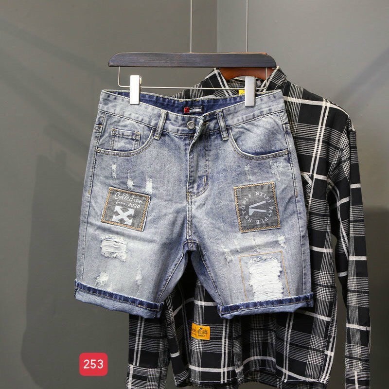 Quần short jean nam màu xanh logo thêu chất bò - quần short ngắn demin nam co giãn thời trang cao cấp Luty_shop90 ms238