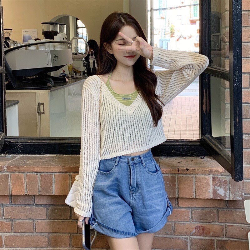Set áo yếm croptop, áo cardigan dệt kim tay dài cổ V trễ dễ thương LODYN hàng quảng châu loại 1
