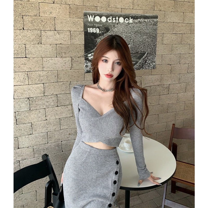 Bộ đồ 2 món ZHELIHANGFEI gồm áo dệt kim cổ chữ V tay dài và chân váy xẻ tà gợi cảm cho nữ